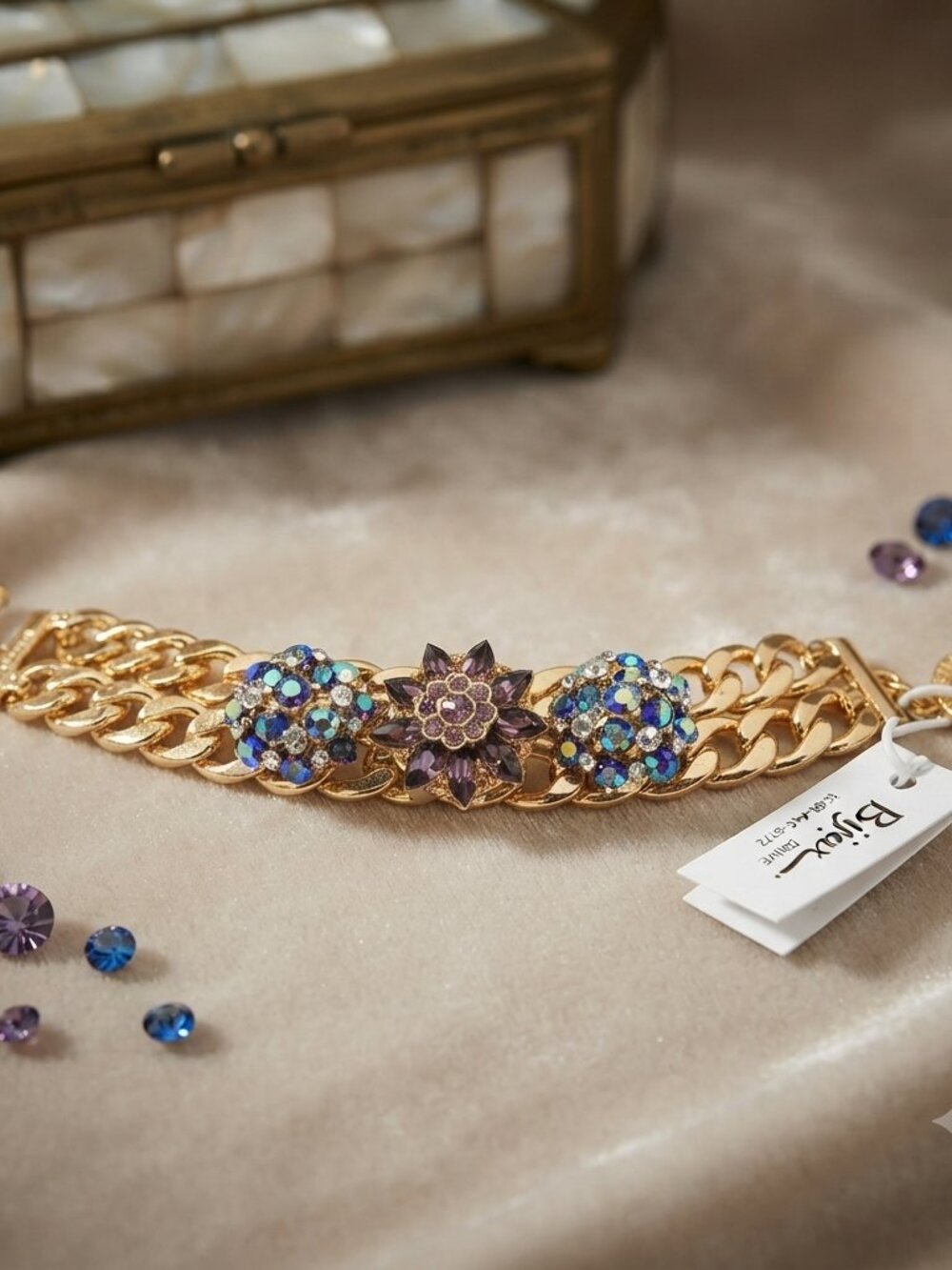 Bijou  multi-color rhinestone with gold links bracelet